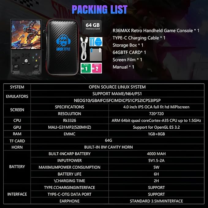 R36MAX Retro Game Console with Christmas Card & Gift Bag | 4 Inch IPS Screen, 21000+ Pre-Installed Games, 20+ Emulators, Portable Linux System (White Gift Set)