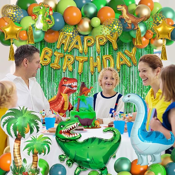 Dinosaur Birthday Party Decorations Supplies, 124Pcs Dinosaur Green Orange Blue Balloons Garland Arch Kit Happy Birthday Dino Foil Balloon Curtain for Kids Boys Dino Jungle Safari Baby Shower Party