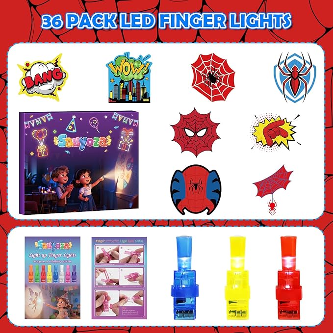 36 Pcs Spider Themed Party Favors LED Finger Lights for Kids, Superhero Glow in the Dark Party Supplies, Goodie Bag Stuffers Classroom Treasure Box Prizes for Boys Girls