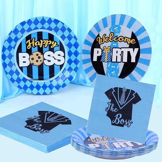 Serving 12 Guests Boss Birthday Party Supplies Serving - 7in Paper Plate Trays and 4.9in Tissue Napkins, for Boy Black Blue Bday Baby Shower Decorations