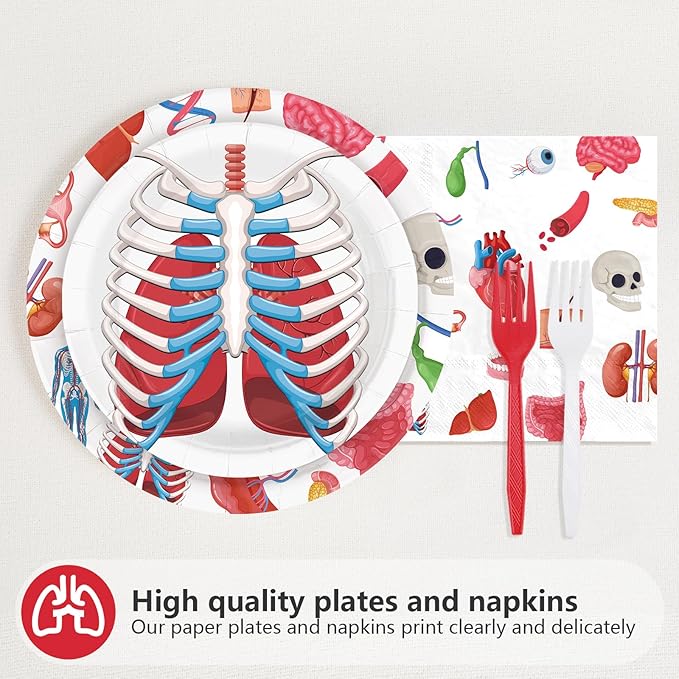 96Pcs Human Anatomy Body Part Birthday Party Supplies Human Body Theme Plates and Napkins Organ Heart Stomach Theme Tableware Set for Medical Physiology Doctor Nurse Birthday Party Supplies，Serves 24