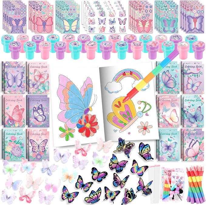 BenLouis 96Pcs Butterfly Party Favors Butterfly Fairy Coloring Books Crayon Stickers Set Bulk for Kids Butterfly Birthday Decor Spring Flower Tea Goodie Bag Stuffers Classroom Gifts Pinata Filler