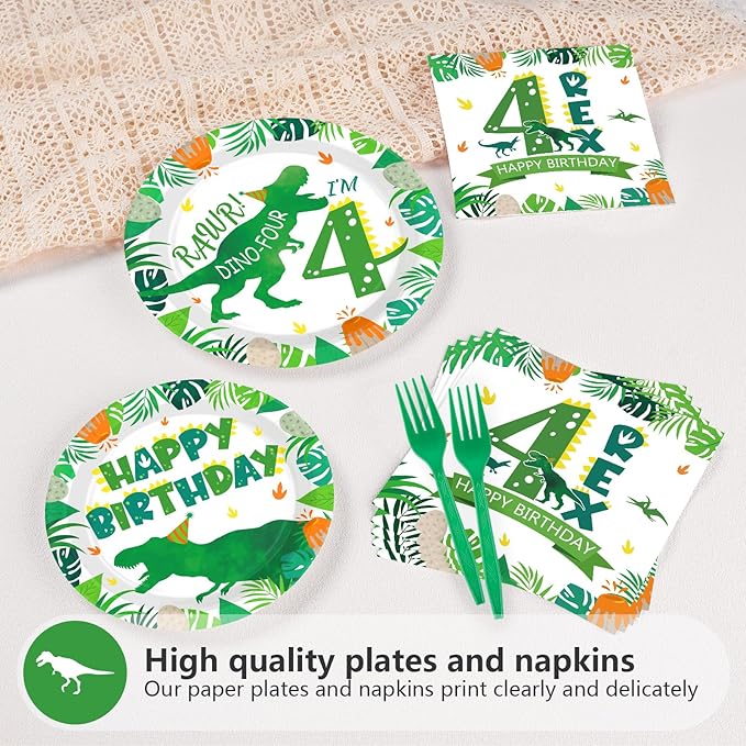 Grencian 96Pcs Dinosaur 4th Birthday Decorations Dinosaur 4th Birthday Plates Roar Im Four Paper Tableware Set for Boys Dino Four Year Old Birth-day Party Decorations, Serves 24