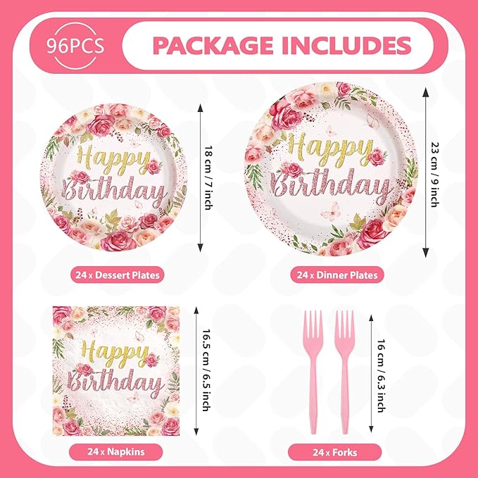 96Pcs Rose Floral Birthday Party Supplies Rose Gold Pink Floral Plates and Napkins Tableware Sets for Womens Girls Lady Happy Birthday Flowers Party Decorations Serves 24