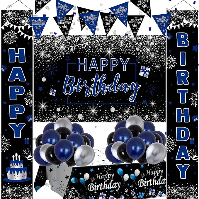Black and Blue Birthday Decorations, 37 PCS Blue Silver Party Decorations for Boys Men Women Girls, Balloon Supplies with Happy Birthday Backdrop Banner Tablecloth Confetti Balloons Arch