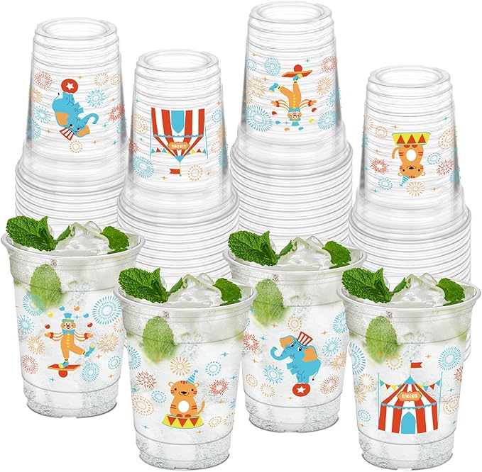50Pcs Circus Cups, 12oz Circus Carnival Plastic Cups for Carnival Themed Party Favors Baby Shower Birthday Party Supplies Decorations