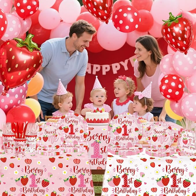 212ps Berry First Birthday Decor Strawberry 1st Birthday Paper Plates Cups Napkins Tablecloth Forks Tableware Berry 1st Bday Party Supplies Sweet One Girls Strawberry Baby Shower Decorations Serve 30