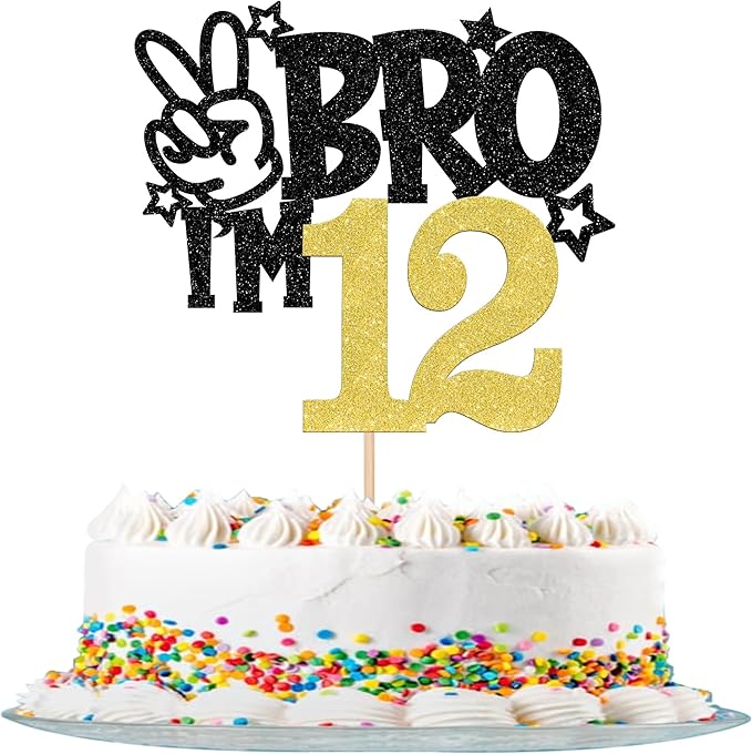 1 PCS Brother I'm 12 Cake Topper Glitter Star Happy 12th Birthday Cake Pick Bro I'm 12 Cake Decoration It's My 12th Birthday Decorations for Boys Cheers to 12 Years Old Birthday Party Supplies Gold
