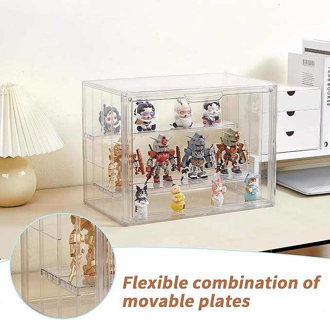 Clear Acrylic Display Case for Figures 4 Layer Figure Display Shelf with 3 Movable Plate Stackable Display Box with Magnetic Door for Collectibles 2 Pack