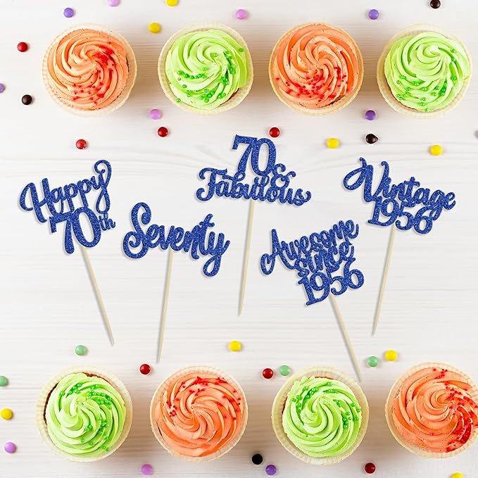 Ephlyn 30Pcs Happy 70th Birthday Cupcake Toppers Glitter Seventy Vintage 1956 Cupcake Picks Cheers to 70 Fabulous Cake Decorations for 70th Birthday Wedding Anniversary Party Supplies Dark Blue