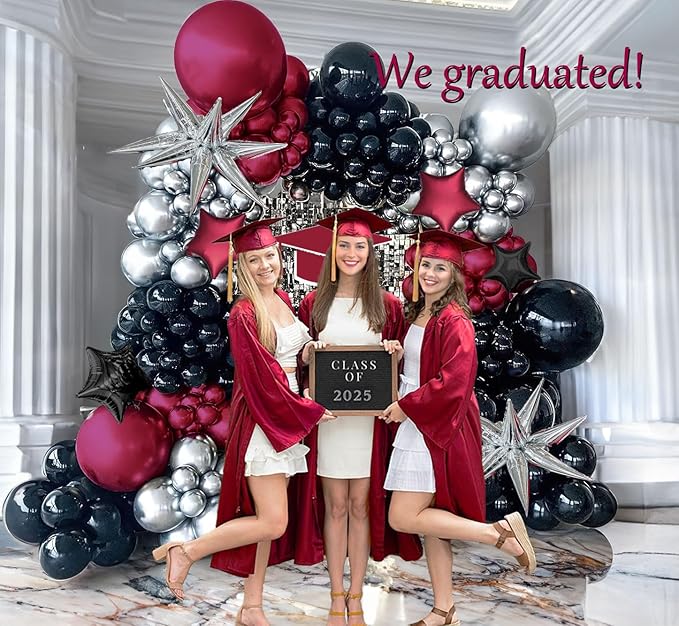 Black Maroon and Silver Balloon Garland Arch Kit 160+ Pieces with Maroon and Silver Stars for 2026 Graduation Class Decorations Birthday Party Retirement Prom Masquerade Anniversary Decorations