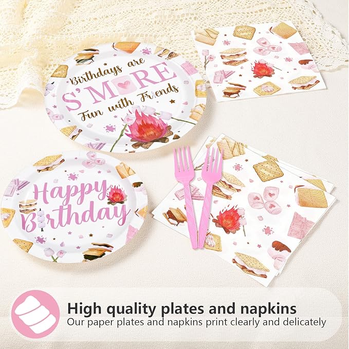 96Pcs S'mores Camping Birthday Decorations Birthdays Are S’more Fun with Friends Plates and Napkins Pink Camping Theme Tableware Set for Girls Camper Campfire Bonfire Birthday Party Supplies Serves 24