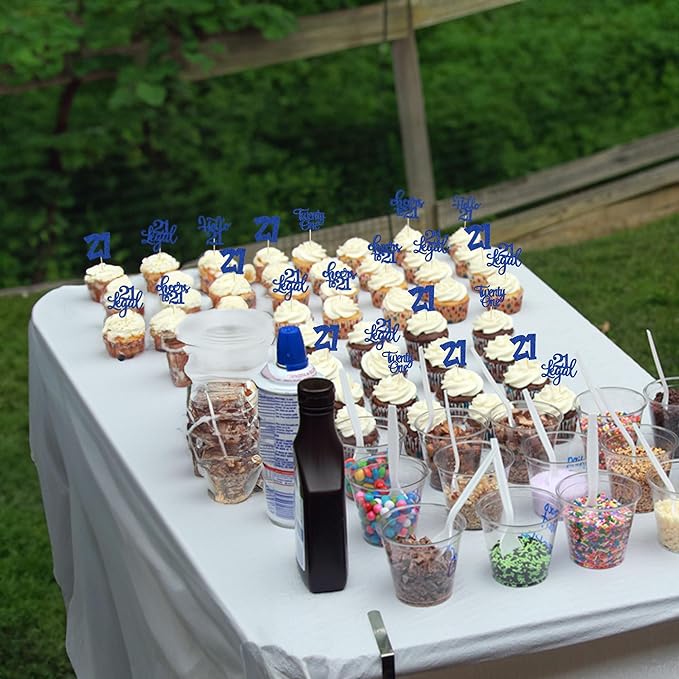 30Pcs 21st Birthday Cupcake Toppers Twenty One Legal Cupcake Picks Cheers to 21 Years Old Cake Decorations for 21st Birthday Anniversary Party Supplies Deep Blue Glitter