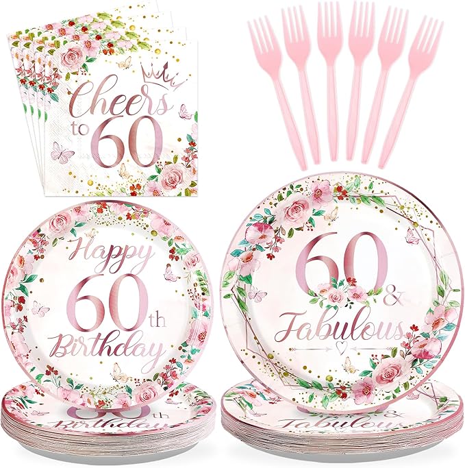 96Pcs 60th Birthday Decorations for Women Floral 60th Birthday Party Plates and Napkins Disposable Rose Gold 60 Fabulous Tableware Sets for Women 60 Years Old Party Supplies Serves 24