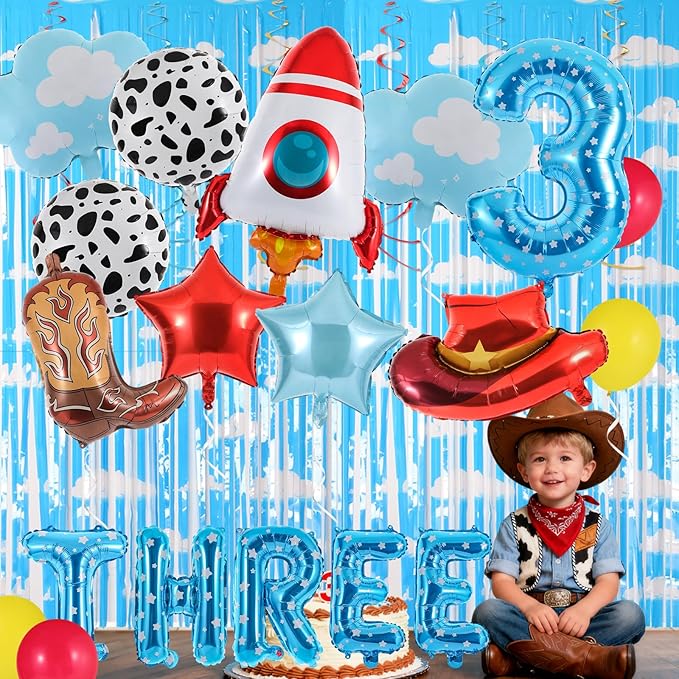 19Pcs Toy Themed Party Decorations Cartoon 3rd Birthday Decorations Blue Sky White Clouds Cowboy Hat Boots Rocket Balloons Toy Inspired Third Birthday Party Supplies