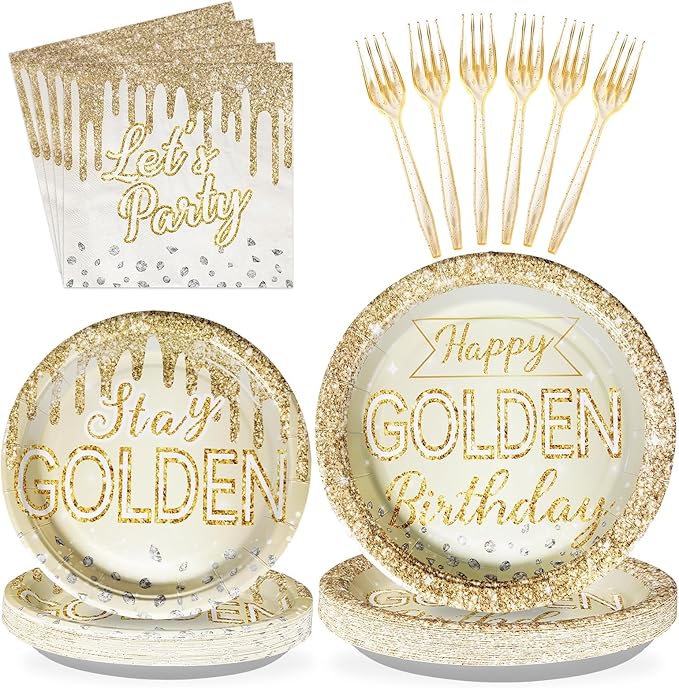 96Pcs Happy Golden Birthday Party Supplies 350GSM Gold Silver Diamond Paper Plates and Napkins Tableware Sets Golden Birthday Party Decorations for Women Men Anniversary Wedding Party Favors Serve 24