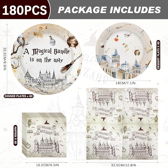 180PCS Magical Party Supplies Serve 60,Magical Wizard Paper Plates and Napkins Kit for Boys And Girls Happy Birthday Baby Shower Party,Includes Dinner and Dessert Plates, Napkins