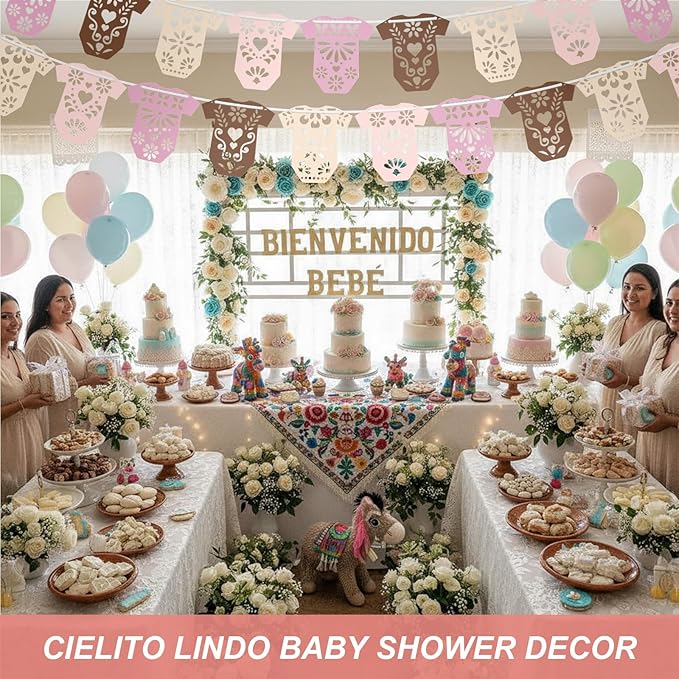 4 Set Cielito Lindo Baby Shower Garland 48 Pcs Pink Papel Picado Party Decorations Mexican Lace Baby Bodysuit Banner Card with Hanging String for Gender Neutral Party Supplies