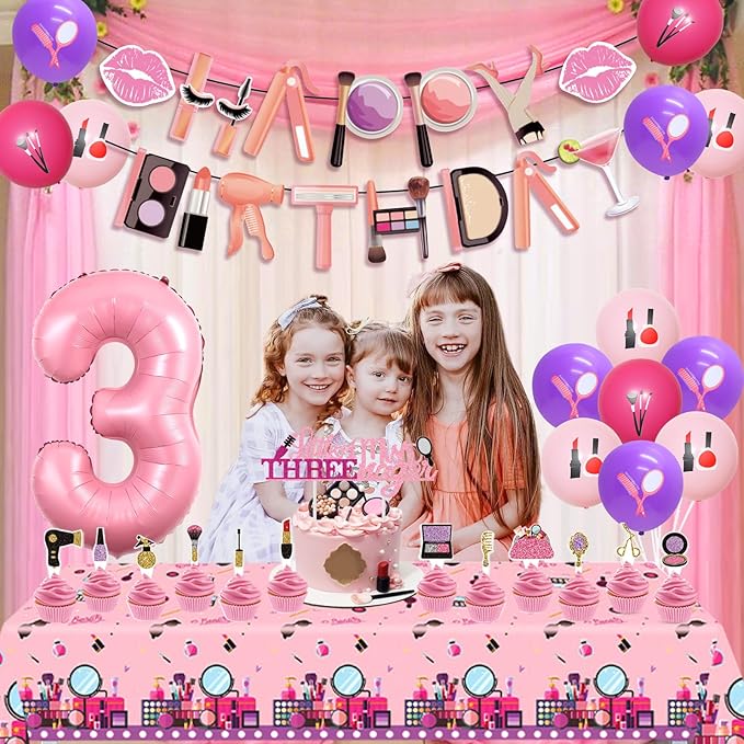 Little Miss Threenager 3rd Birthday Decorations Makeup Party Supplies for Girls 3rd Birthday Little Miss Threenager Banner Backdrop Tablecloth Makeup Cake Toppers for Spa Salon Bday