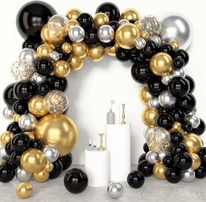Amandir 153pcs Black and Gold Balloons Arch Garland Kit Different Sizes 18 12 10 5inch Silver Latex Metallic Confetti Graduation Balloons Class of 2026 Decorations Birthday Graduation Party Supplies