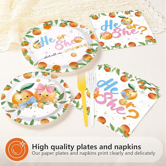 96 Pcs Little Cutie Gender Reveal Party Decorations Orange Theme Plates and Napkins Cute Orange Tableware Set for He or She Gender reveal Baby Shower Party Supplies, Serves 24