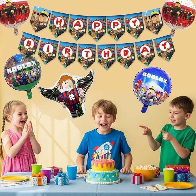 6Pcs Roblo-x Party Supplies Include Happy Birthday Banner,Foil Balloons For Birthday Roblo-x Party Decoration