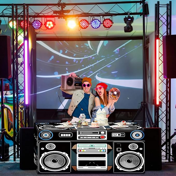 Oudain 6 FT 80s 90s Theme Tablecloth 80s Birthday Party Supplies Hip Hop Party Decoration Vintage Boom Box Tablecloth 72 x 30'' Retro Radio Table Cover Washable Fabric Polyester Rectangle Table Cover