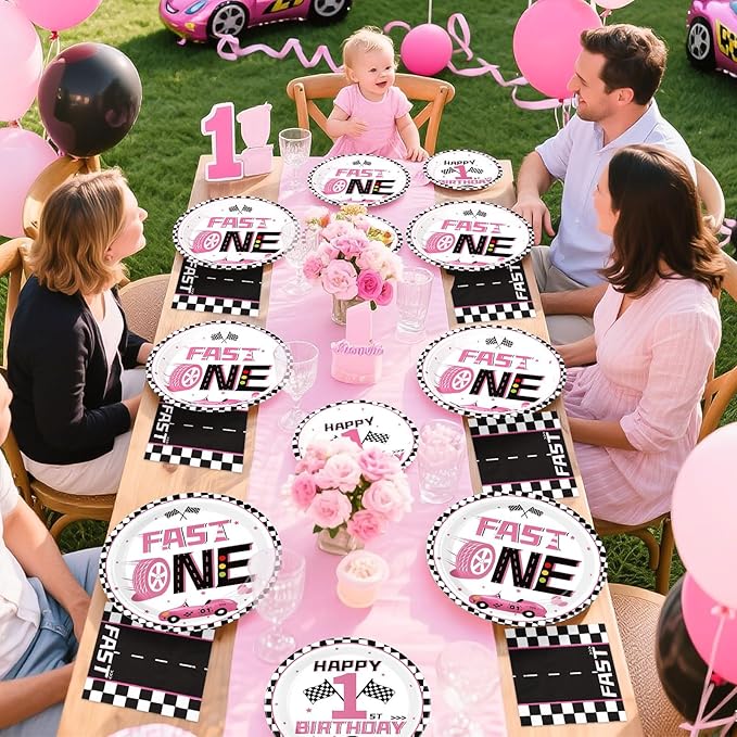 96Pcs Fast One Party Decorations for Girls Pink Race Car 1st Birthday Plates and Napkins Tableware Set Racing Car 1 Year Old Party Decorations Favor for Baby Shower First Birthday Supplies Serves 24