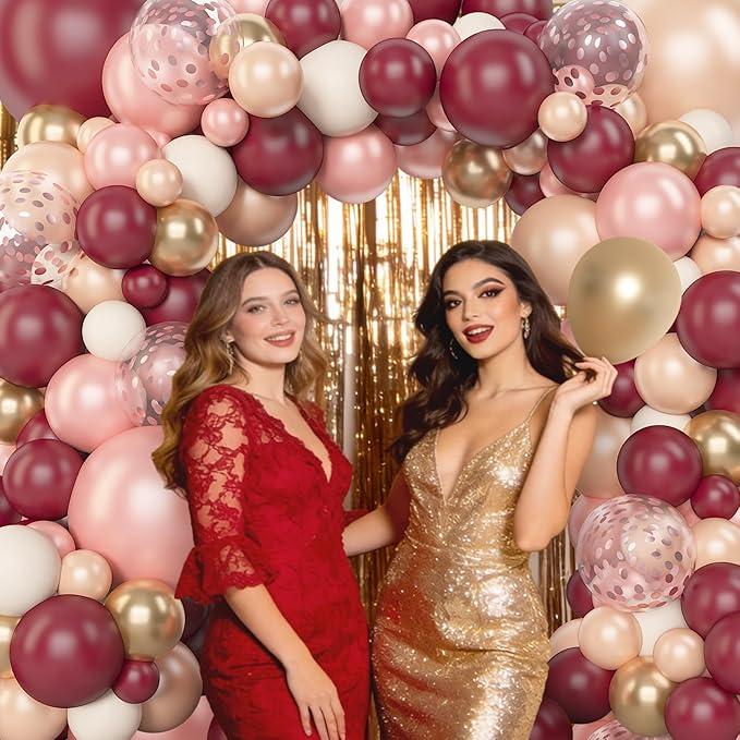 Amandir 153pcs Burgundy Balloons Arch Garland Kit, Different Sizes 18 12 10 5 Inch Pearl Champagne Rose Gold Confetti White Sand Maroon Balloon for Wedding Birthday Bridal Valentines Party Decorations