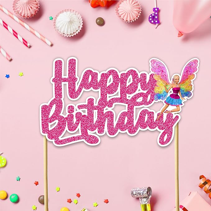 Barbe Happy Birthday Cake Topper - Glam Fashion Doll Theme Design, Stylish Pink Party Cake Decoration for Birthday Celebration, Trendy Dessert Table Display, Photo Prop, Cake Centerpiece
