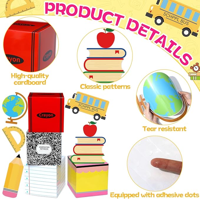 Back to School Party Decoration Balloon Box Sets Includes Pencil Crayon Notebook Line Drawing Balloon Boxes with School Bus Book Globe Ruler Large Cards for Teacher Props Pencils Photo Prop Supplies