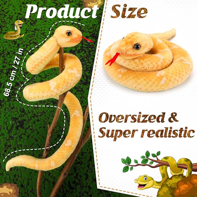 Snake Plush, Stuffed Snake Animal, 27 in Small Toy Snakes for Kids, Giant Stuffed Animals Snake, Lifelike Plush Snake for Birthday Present Party Prank Prop (Yellow)