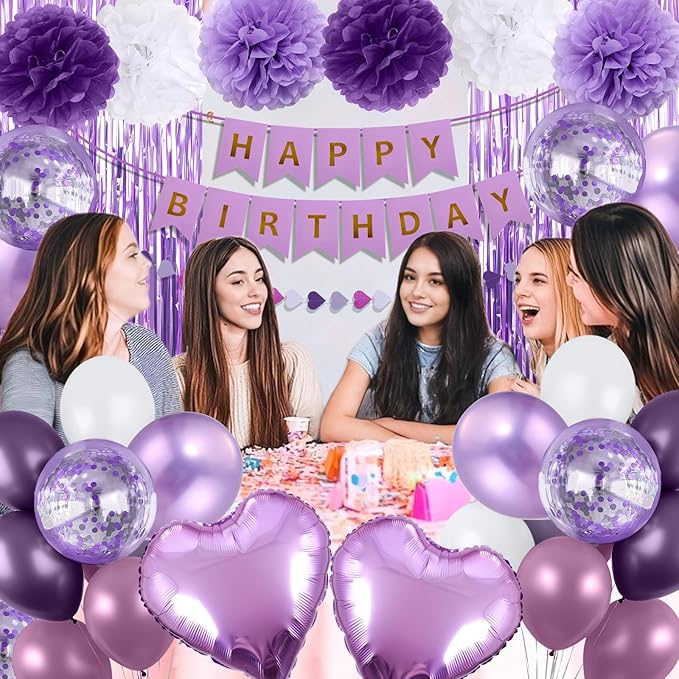 Purple Birthday Decorations for Women, Happy Birthday Party Decorations, Happy Birthday Banner, Purple Balloons, Foil Fringe Curtains, Tissue Paper Pompoms, Heart Garland, Party Decor for Girls