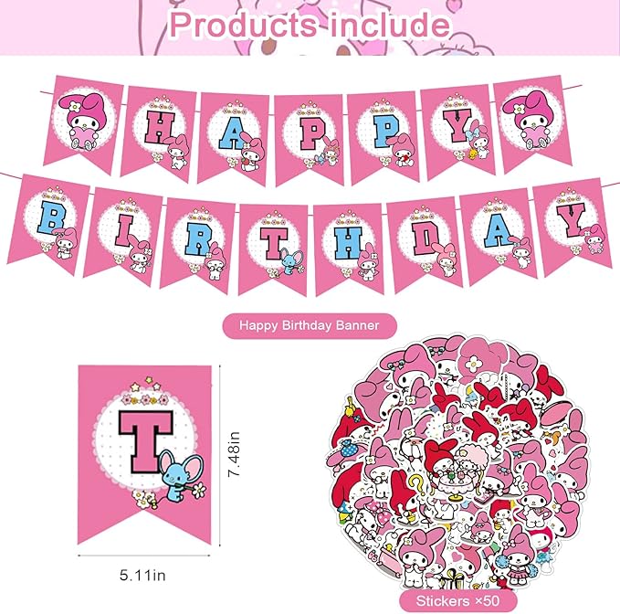 My Melody Party Decorations - Birthday Party Supplies Includes Banner, Cake Topper, 12 Cupcake Toppers, 18 Balloons, 50 My Melody Stickers