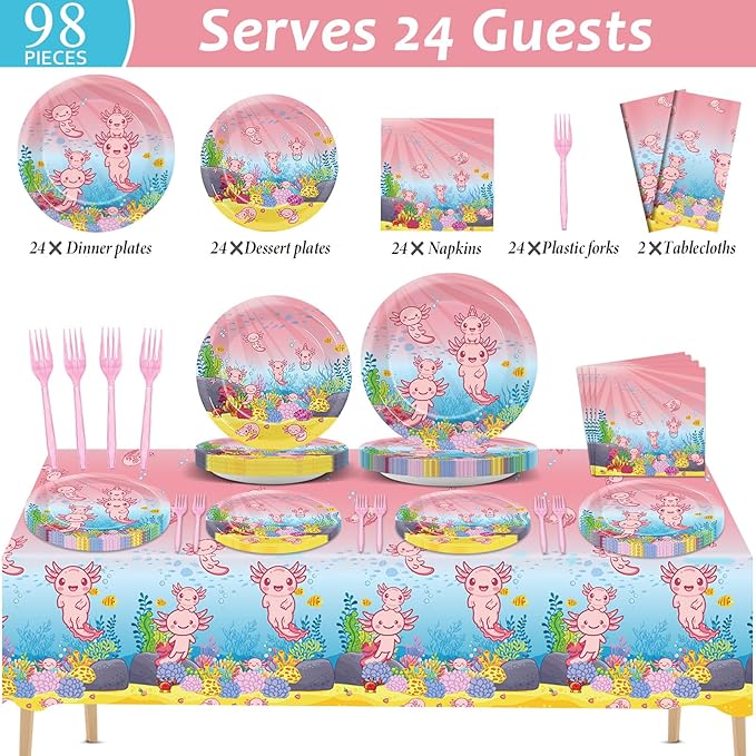 chiazllta 24 Guests Pink Axolotl Party Decoration Axolotl Birthday Party Supplies Favors Reptile Animals Tableware Set Disposable Plates Napkin Tablecloths for Axolotl Girl Decor 98 pcs