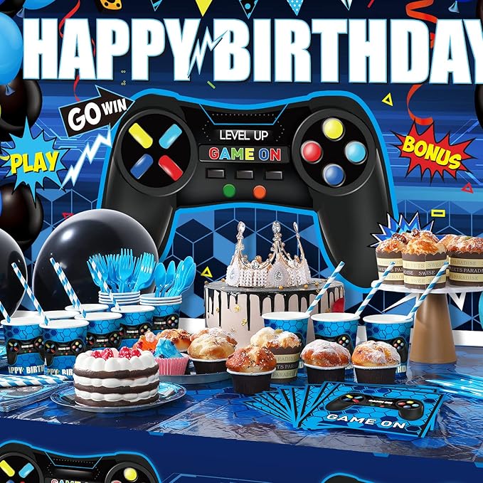 Tatuo 152 Pieces Video Game Birthday Party Supplies Gamer Party Table Cover Happy Birthday Backdrop Banner Tableware Balloons Sets for Boys Men Theme Party Decoration