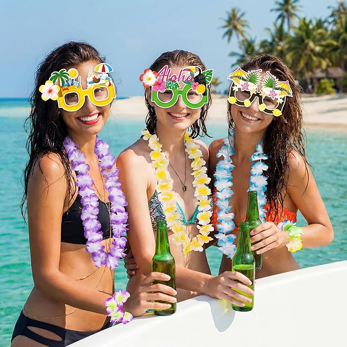 80PCS Hawaiian Luau Leis Party Photo Booth Props Decorations Supplies Set for Adults: Tropical Tiki Flowers Necklaces + Paper Glasses + Bracelets + Hair Clips Bulk Summer Pool Birthday Decor Favors