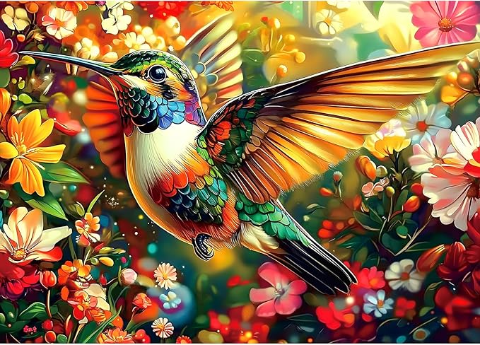 Blueforest Hummingbird Dream 1000 Piece Puzzle for Adults - Vibrant Hummingbird & Flowers Jigsaw Puzzle | Premium Recycled Puzzle with Poster & Letters on Back (27.5" x 19.7")