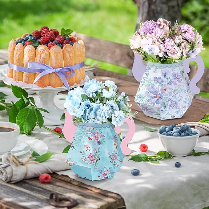 Fulmoon 6 Pcs Tea Party Decorations 6.7'' Flower Box Table Paper Teapot Princess Centerpiece Vase Table Decor Wonderland Fancy Party Decor for Floral Tea Birthday Baby Shower Wedding (Elegant)