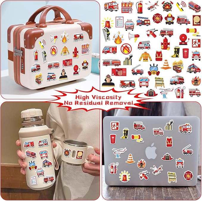 122PCS Fire Truck Party Favors, 50 Stickers, 12 Assemble Stickers, 12 Button Badges, 12 Mini Notepads, 12 Slap Bracelets, 12 Rubber Bracelets, 12 Goodie Bags for Firefighter Firetruck Party Supplies