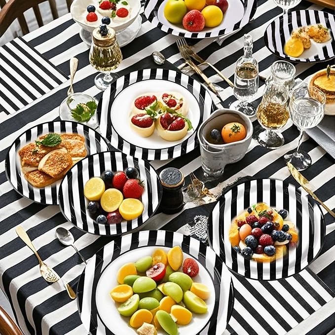 Grencian 96Pcs Black and White Striped Party Decorations Black and White Striped Party Plates Disposable 350GSM Striped Paper Tableware Set for Birthday Wedding Halloween Party, Serves 24