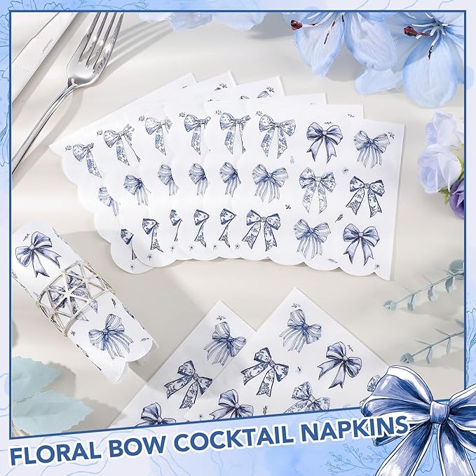 100 Pcs Blue Floral Napkins, Scalloped Blue Bow Cocktail Napkins Decorative Decoupage Napkin Toile Dessert Beverage Napkin for Baby Bridal Shower, Tea Party