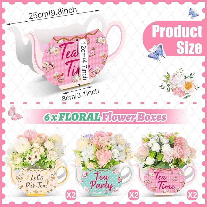 Yinder 6 Pcs Tea Party Decorations Princess Party Flower Boxes Centerpiece Floral Teapot Centerpiece for Floral Tea Themed Birthday Wedding Supplies(Elegant Tea Pot)