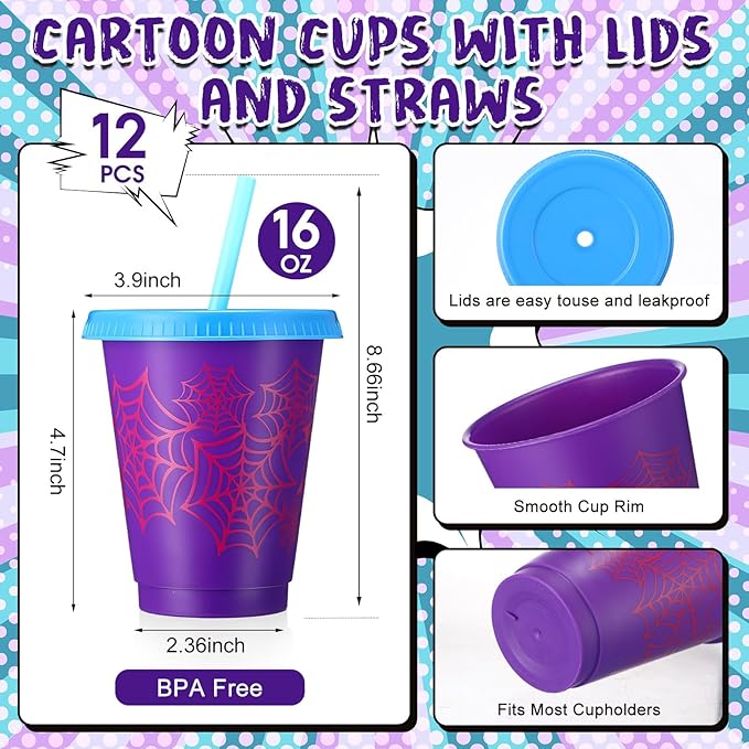 12 Pcs 16 oz Spider Cups Bulk, Spider Birthday Party Favors Cups with Lids and Straws, Plastic Cup for Birthday Party Decorations Celebration Birthdayy Partty Favor Supplies for Friends