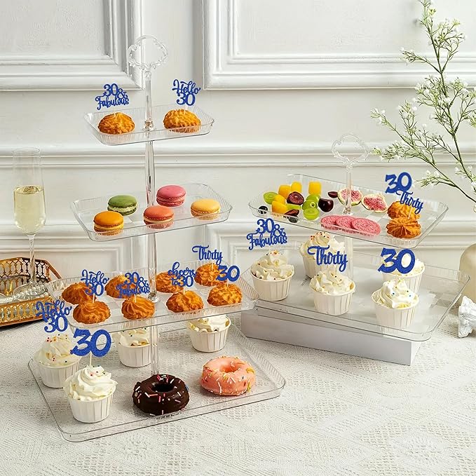 30Pcs Happy 30th Birthday Cupcake Toppers Deep Blue Glitter Thirty Cheers to 30 Birthday Cupcake Picks for Happy 30th Birthday Anniversary Party Cake Decorations Supplies