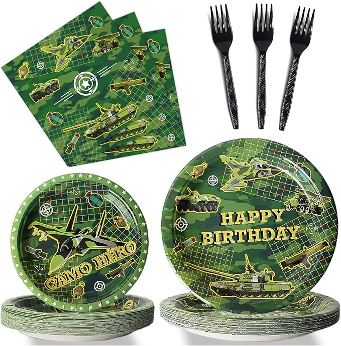 96 Pcs Camo Birthday Plates and Napkins Party Supplies Military Happy Birthday Tableware Set Army Camouflage Party Decorations Favors for Soldier Men for 24 Guests