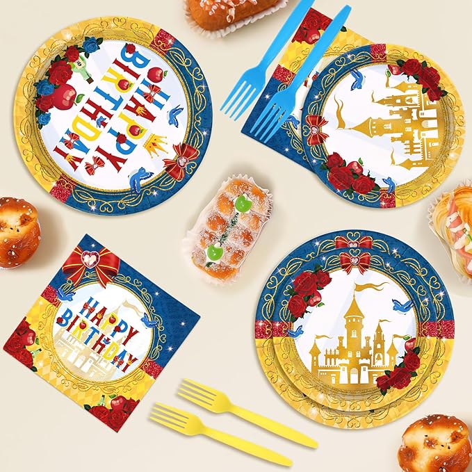 96 Pcs Snow Princess Birthday Party Supplies Cartoon Snow Plates and Napkins Gold Castle Tableware Set for Girls Birthday Baby Shower Princess Theme Party Supplies, Serves 24