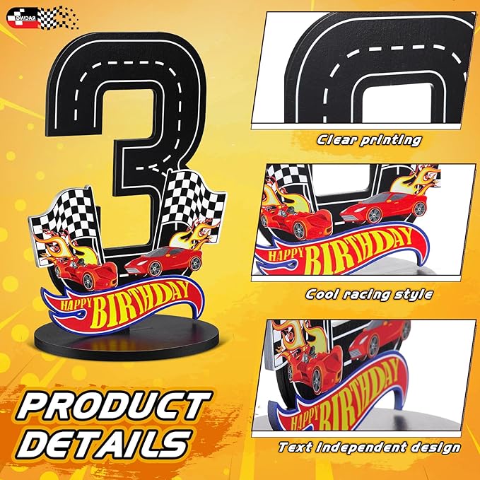 Race Car 3rd Birthday Number Sign Centerpiece Race Car Theme 3rd Birthday Party Supplies Wooden Table Decoration Photo Props for Boys Three Years Old
