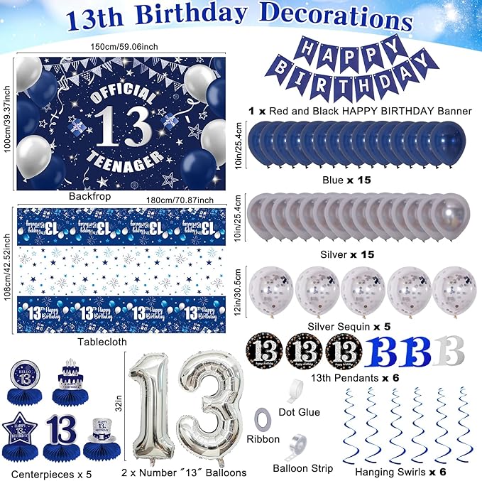 13th Birthday Decorations for Boys Girls, Blue Silver 13 Year Old Boy Bday Decor, Number 13 Balloon Happy 13th Birthday Banner Backdrop Honeycomb Centerpieces for Official Teenager Party Supplies