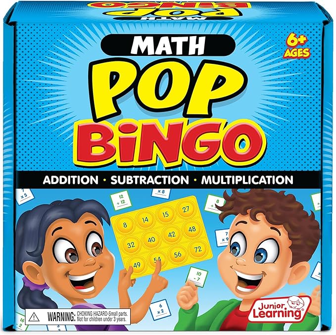 Junior Learning: Math Pop Bingo - Numbers Bubble Grid & Tile Game, Addition-Subtraction-Multiplication, Giant Problem-Solving Silicone Boards, Kids 6+